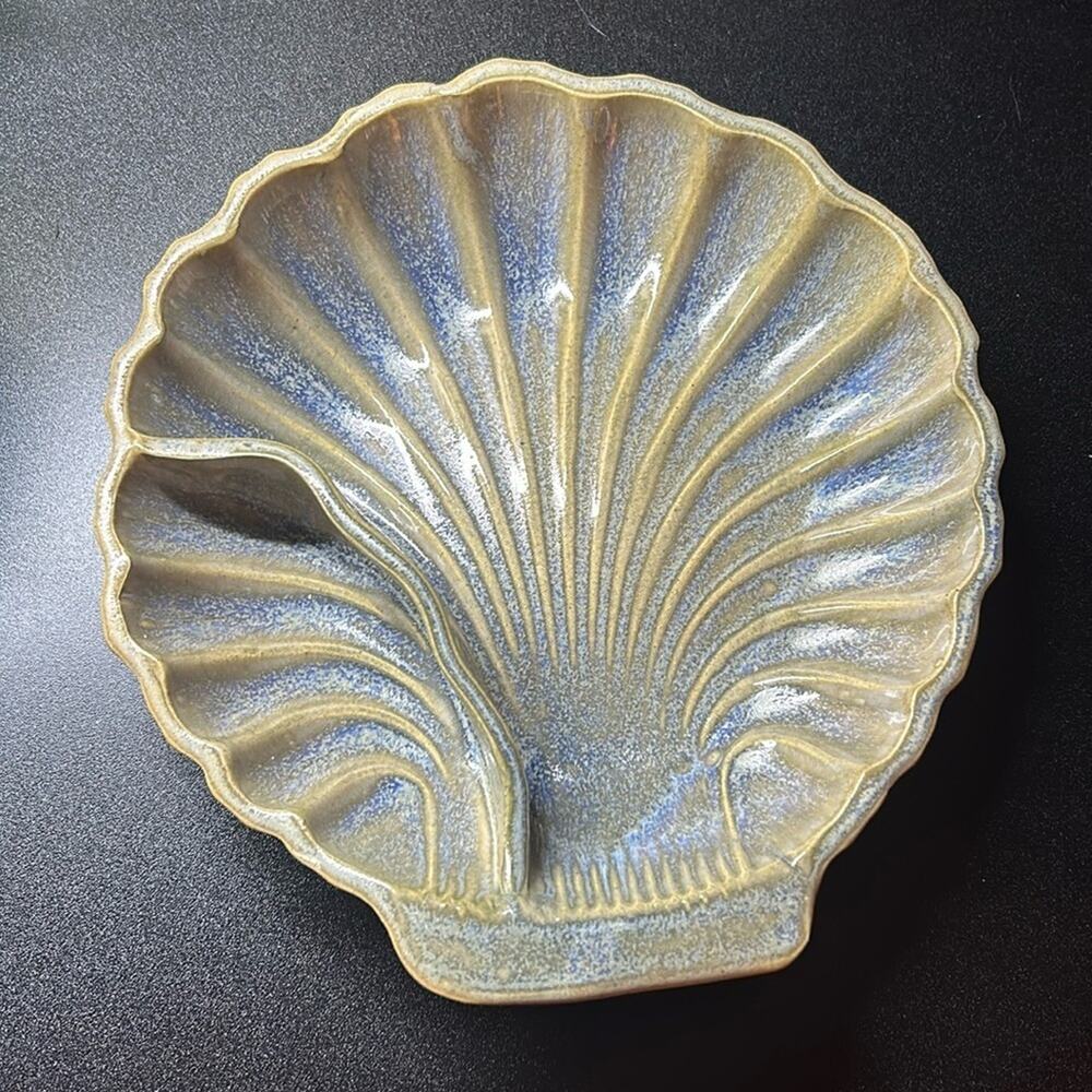 Nautical Shell Pottery Chip and Dip Dish Handmade Blue and Tan